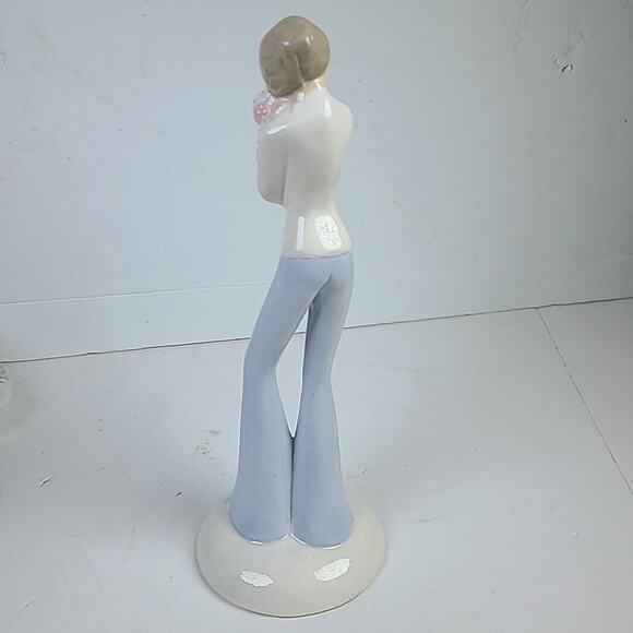Bell Bottom Blue Jean Girl Flowers Child 70s Ceramic Hippie Hair In Bun Figurine - Picture 5 of 6